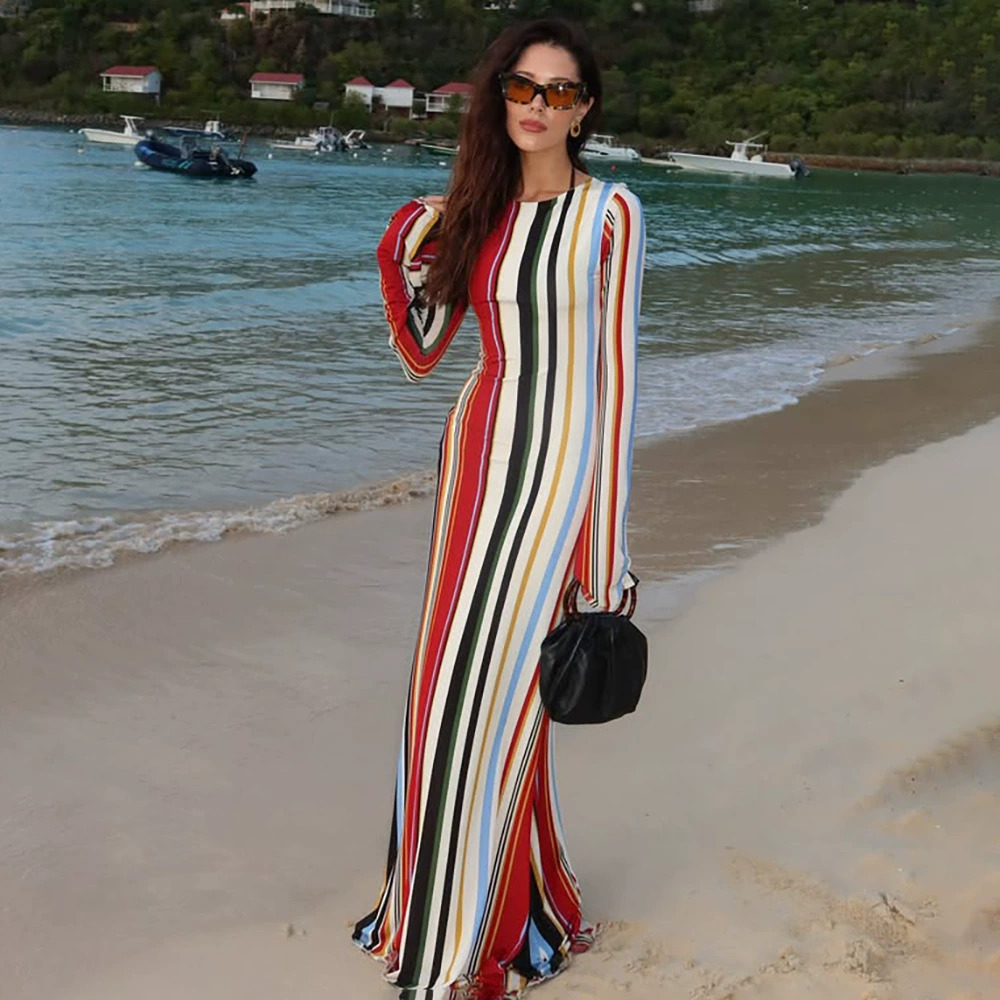ZARA Vintage Striped Slim Long Sleeve Flared Slit Maxi Dress